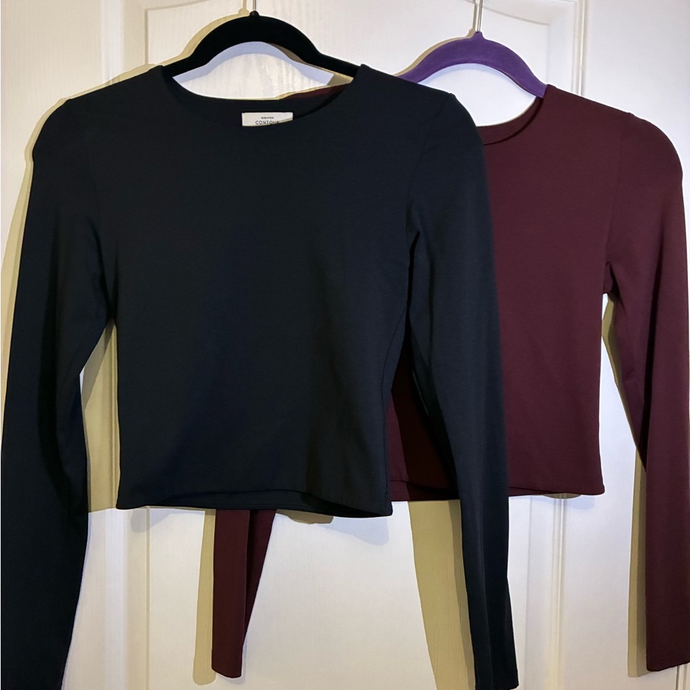 Aritzia Contour Crewneck Waist Long Sleeve Tops - Black and Burgundy